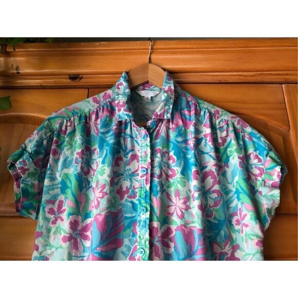Time & Tru Women's Tropical Linen Blend Rolled Cuff Button Up Shirt SZ S - Picture 5 of 10